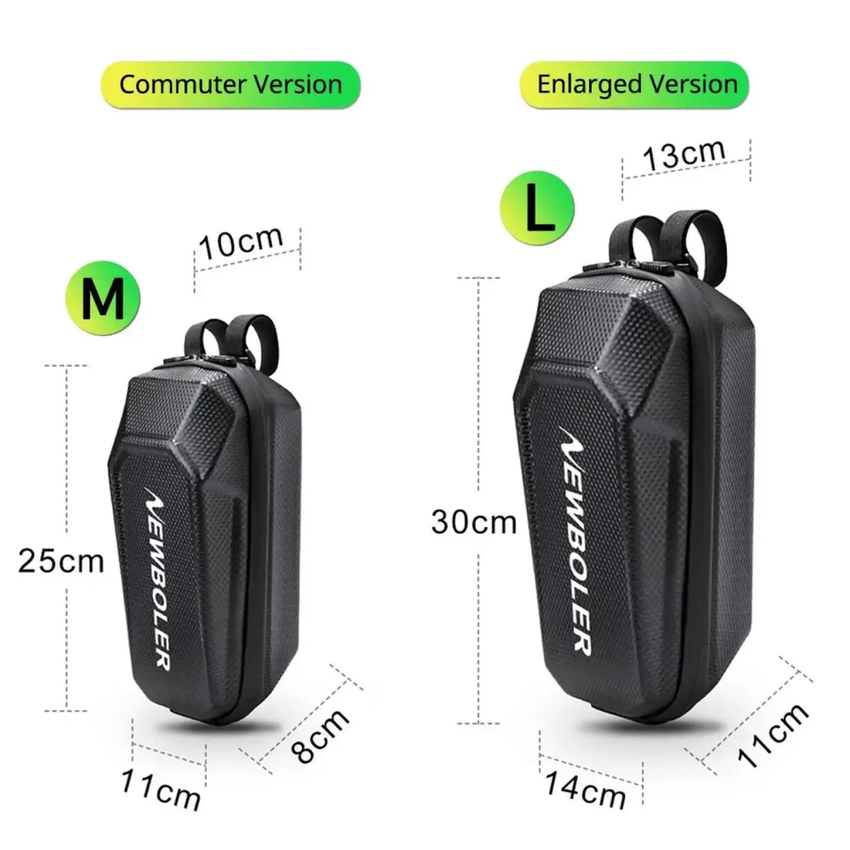 Black textured newboler electric scooter waterproof front storage bag with white branding and dual carrying straps
