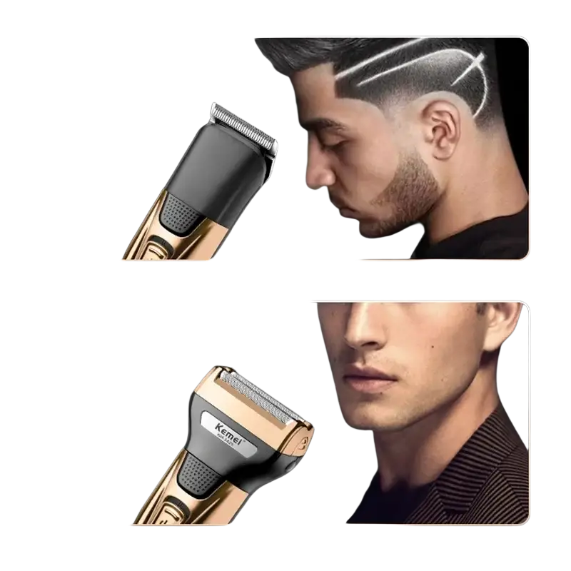 Gold and black kemei electric shaver with sleek ergonomic design in 3-in-1 grooming kit featuring fast charging time