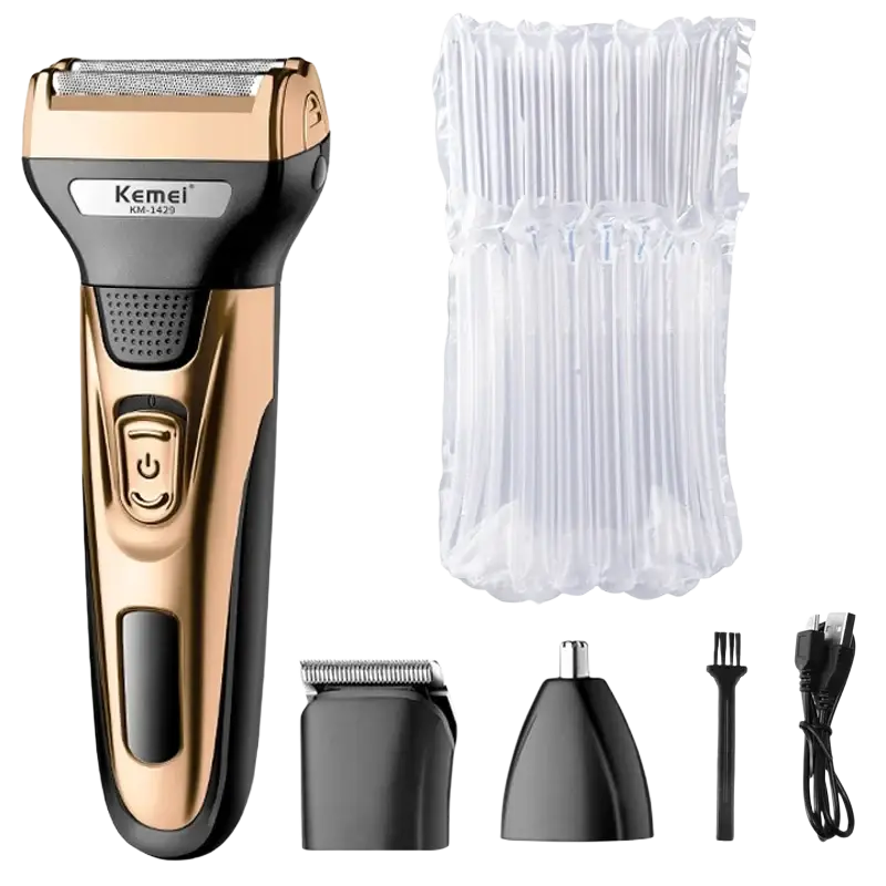 Gold and black kemei km-1429 electric shaver 3-in-1 grooming kit with multiple attachments optimized for charging time