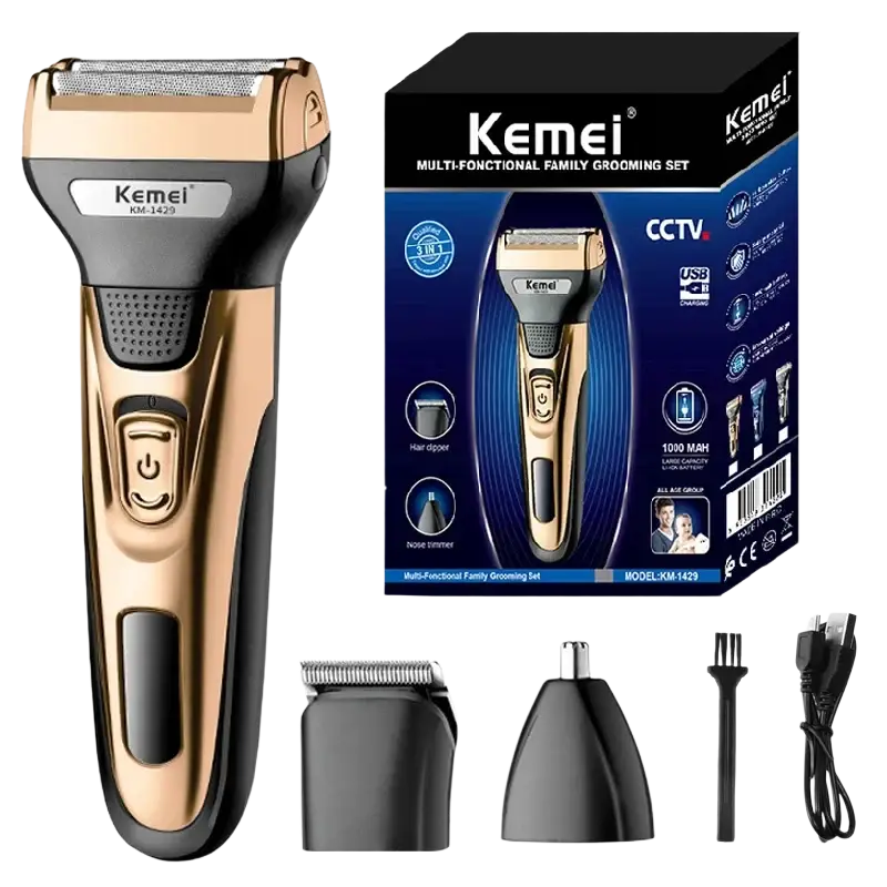 Gold and black Kemei KM-1429 electric shaver 3-in-1 grooming kit with interchangeable attachments and fast charging time