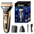 Gold and black Kemei KM-1429 electric shaver 3-in-1 grooming kit with interchangeable attachments and fast charging time