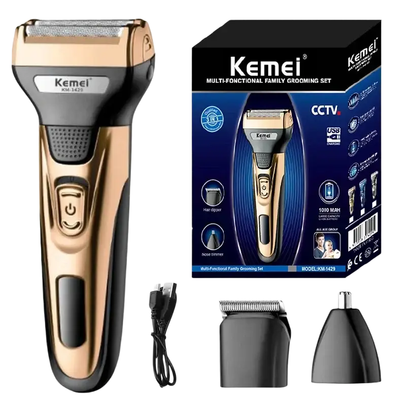 Gold and black kemei km-1429 electric shaver 3-in-1 grooming kit with interchangeable attachments and fast charging time