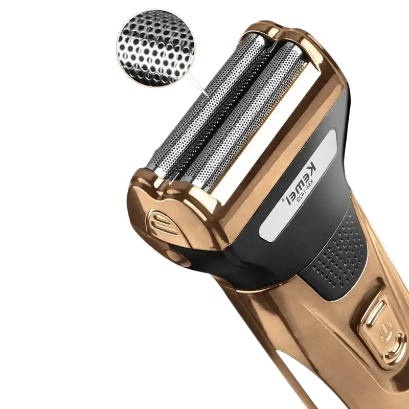 Gold and black Kemei electric shaver with three metallic shaving heads designed for fast charging time and precision grooming