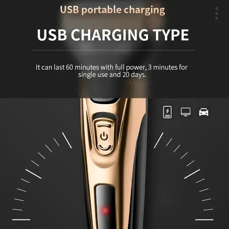 Electric shaver 3-in-1 grooming kit with gold and black usb portable charging hair straightener featuring power button and led indicator