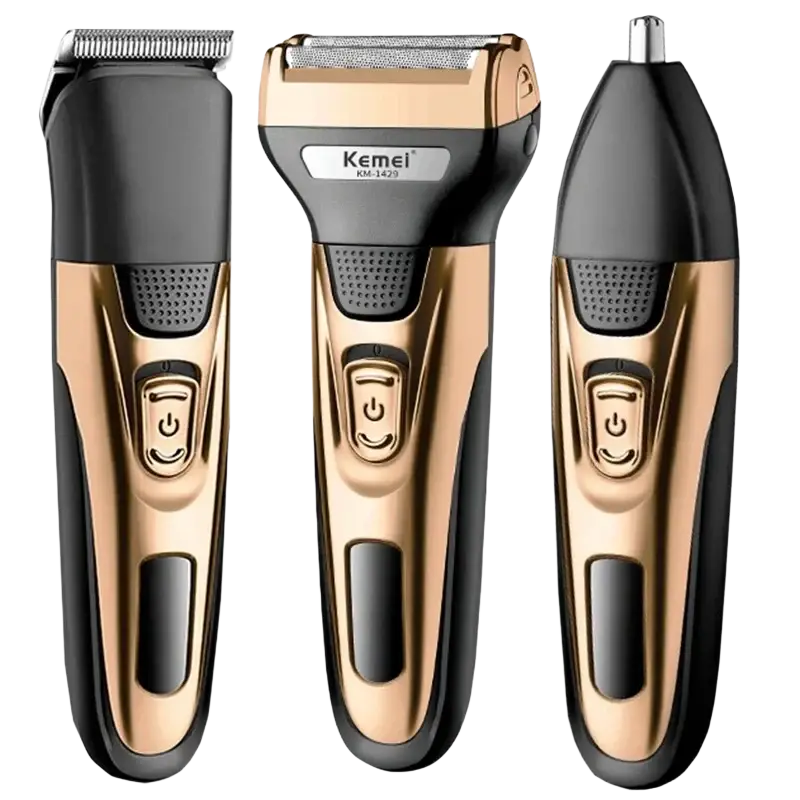 Kemei km-1429 electric shaver 3-in-1 grooming kit with ergonomic black and gold design and efficient charging time
