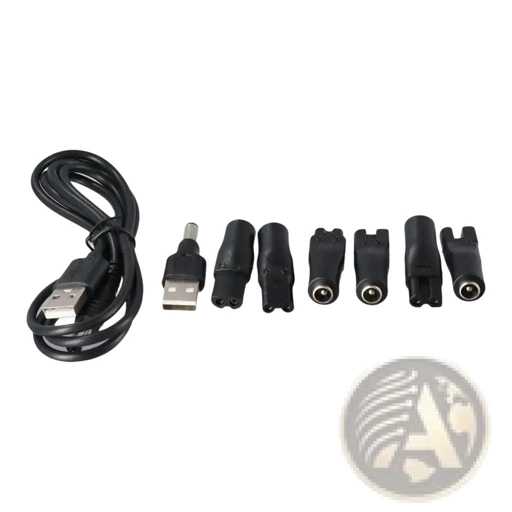 Black usb charging cable with assorted plastic adapters for electric shaver usb charging cable and adapter set