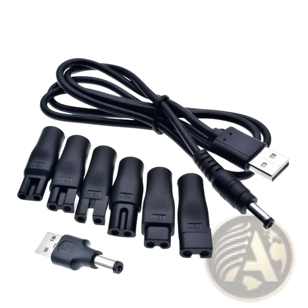 Black usb-to-dc power adapter cable with multiple interchangeable barrel connectors for electric shaver charging