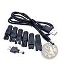 Black usb-to-dc power adapter cable with multiple interchangeable barrel connectors for electric shaver charging