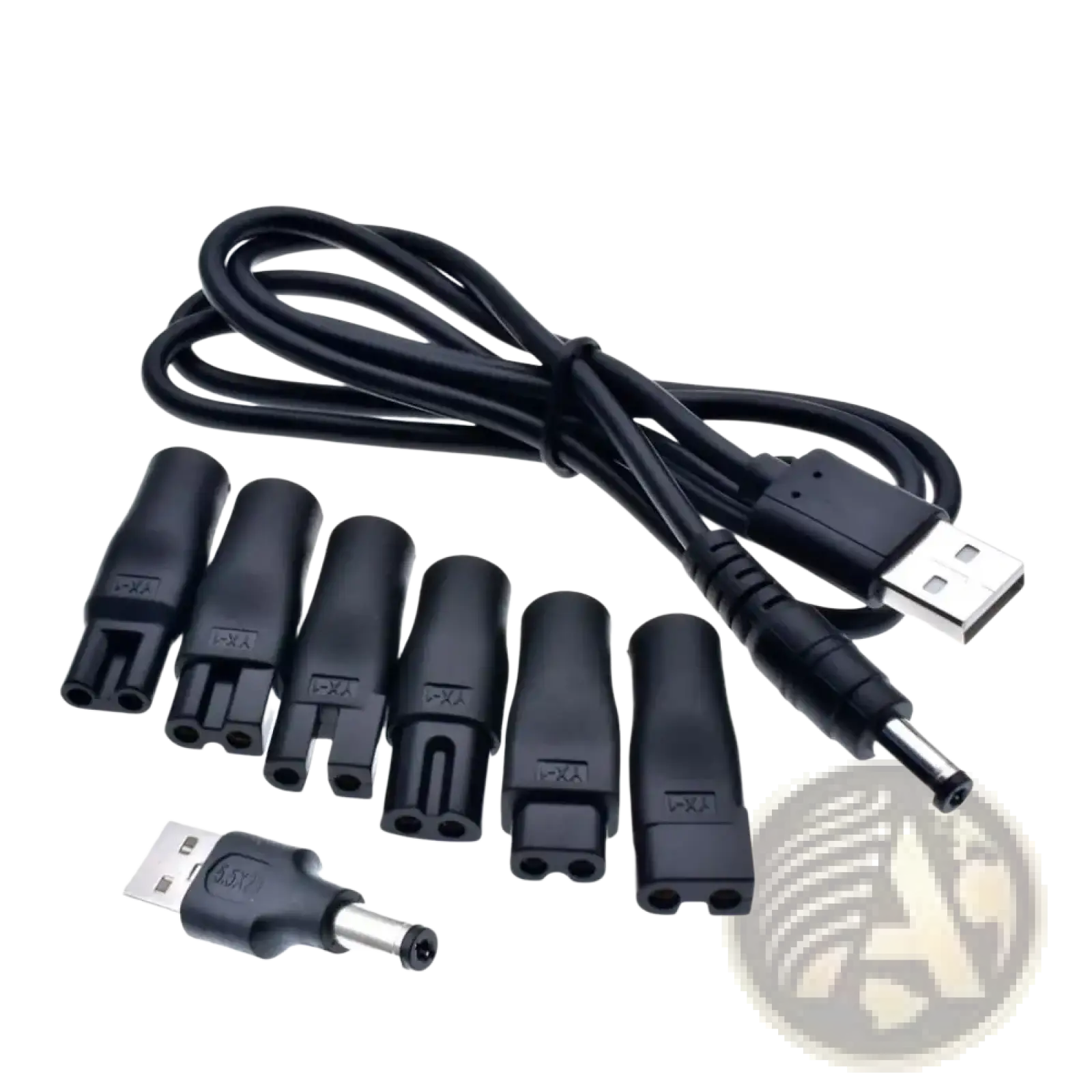 Black usb-to-dc power adapter cable with multiple interchangeable barrel connectors for electric shaver charging