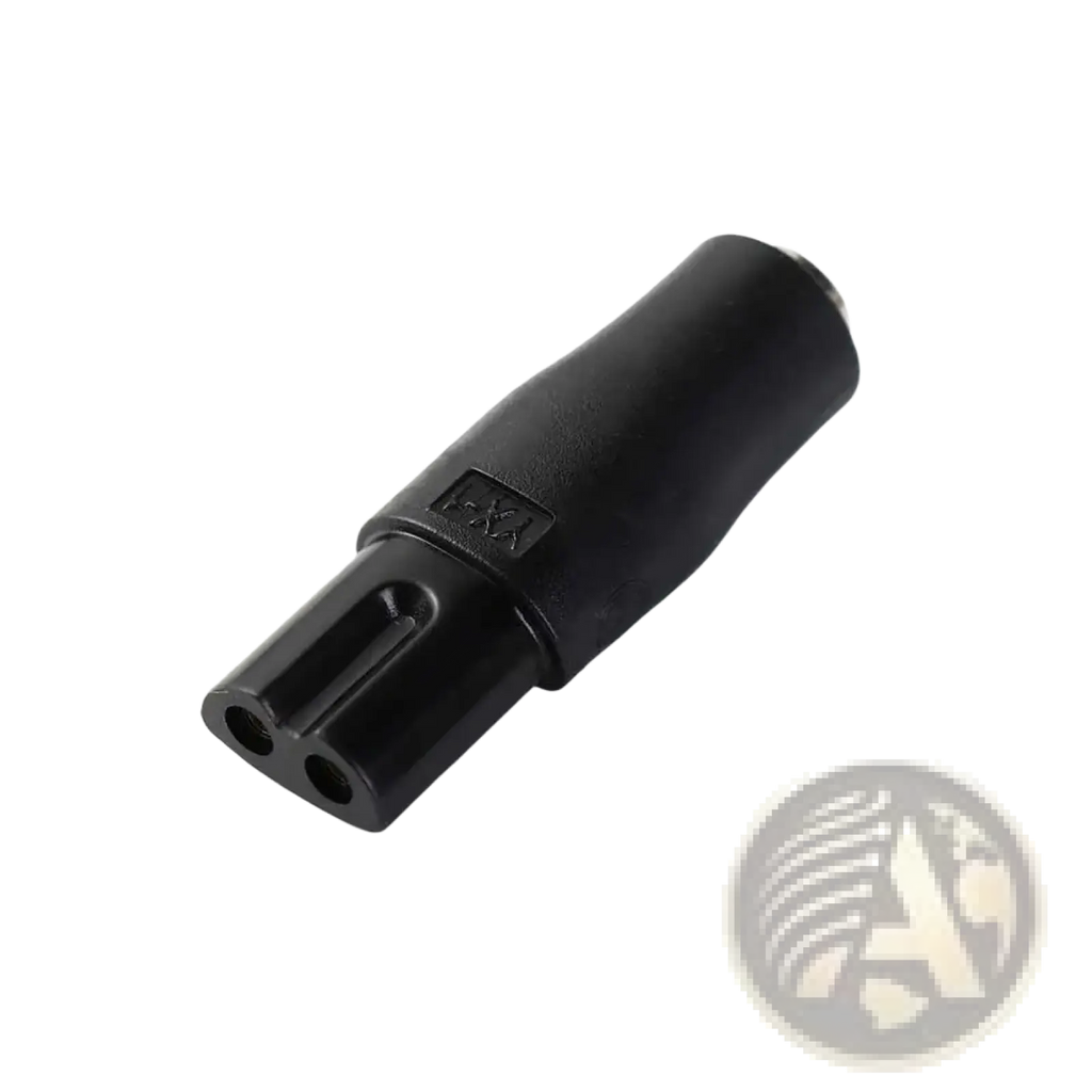 Black plastic electrical plug adapter with two circular openings and i-xx marking for electric shaver usb charging cable set