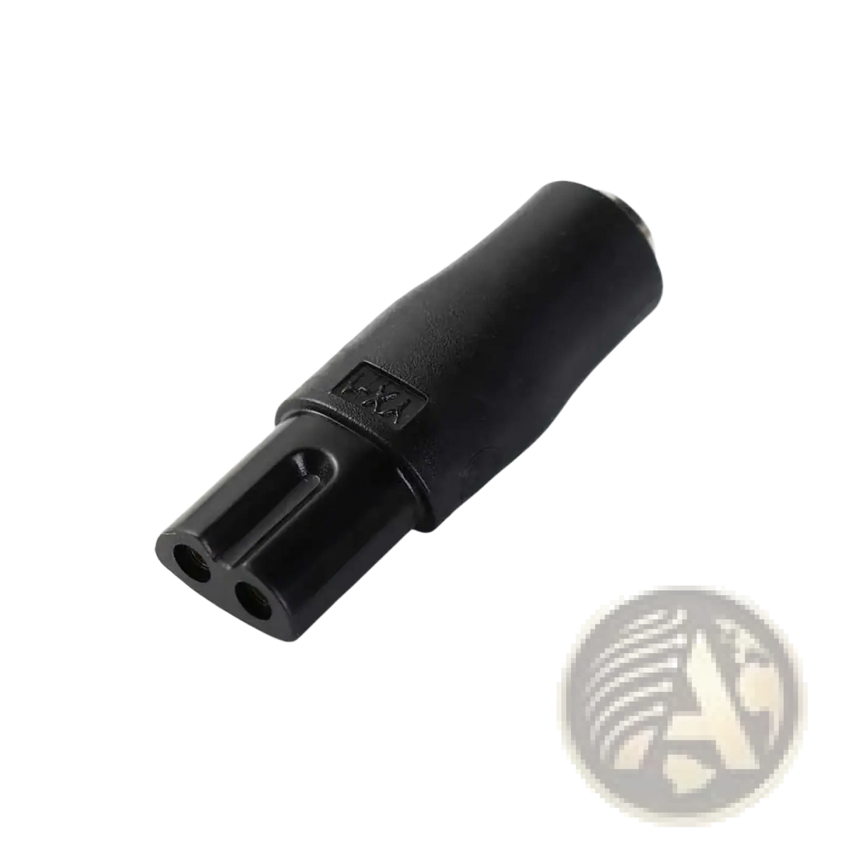 Black plastic electrical plug adapter with two circular openings and i-xx marking for electric shaver usb charging cable set