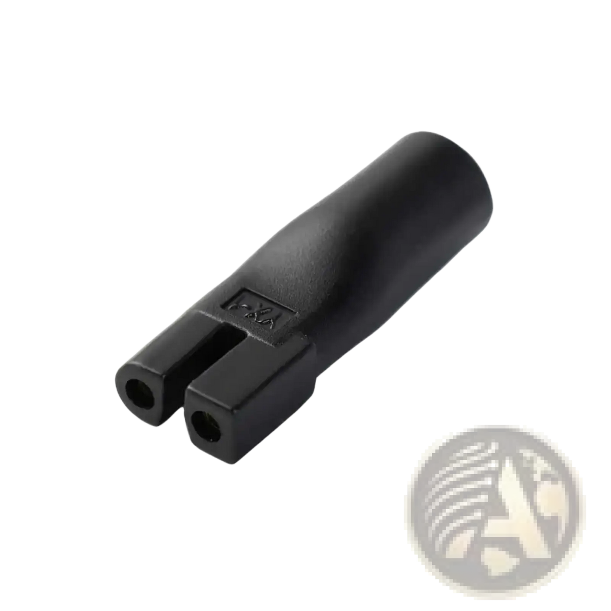 Black plastic dual-port connector with matte finish and rectangular cutouts for electric shaver usb charging cable adapter set