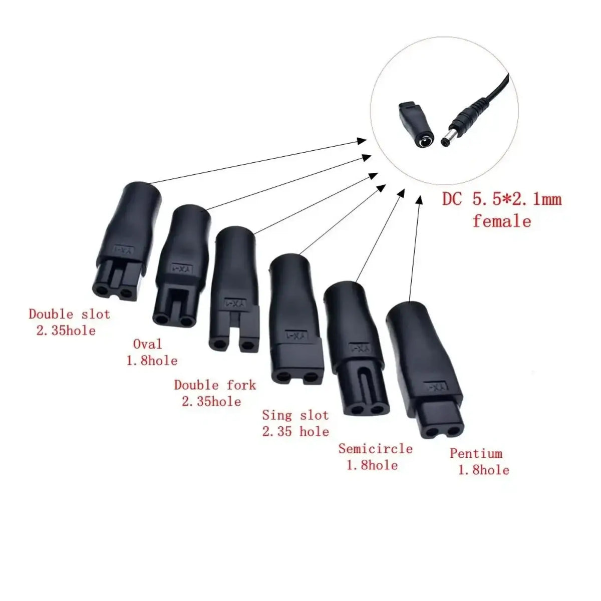 Black plastic dc power connector adapters with various shaped holes for electric shaver usb charging cable set