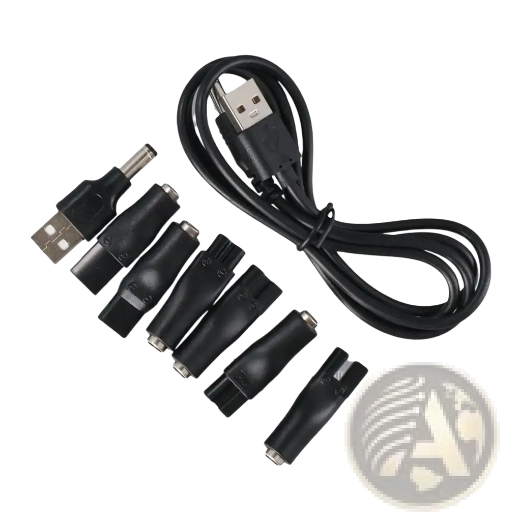 Black usb charging adapter set with multiple plug types and a coiled cable for electric shaver charging use