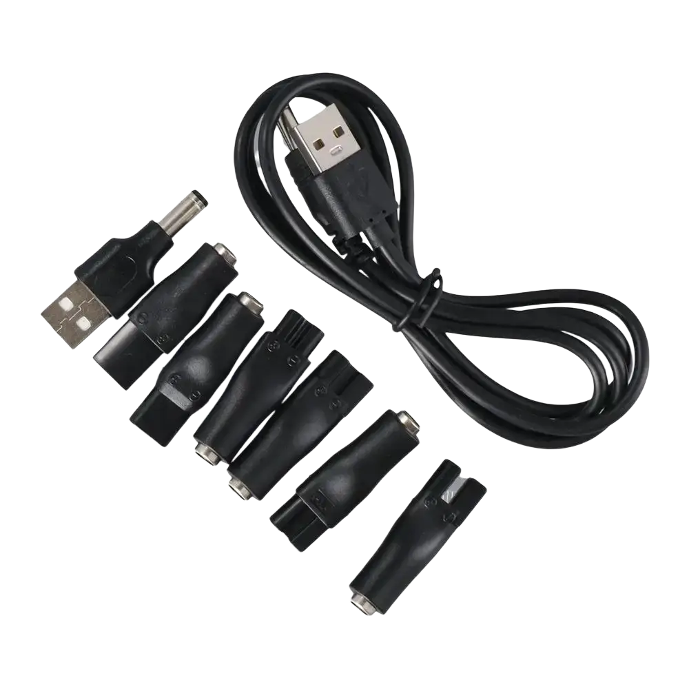 Black usb charging adapter set with multiple plug types and a coiled cable for electric shaver charging use