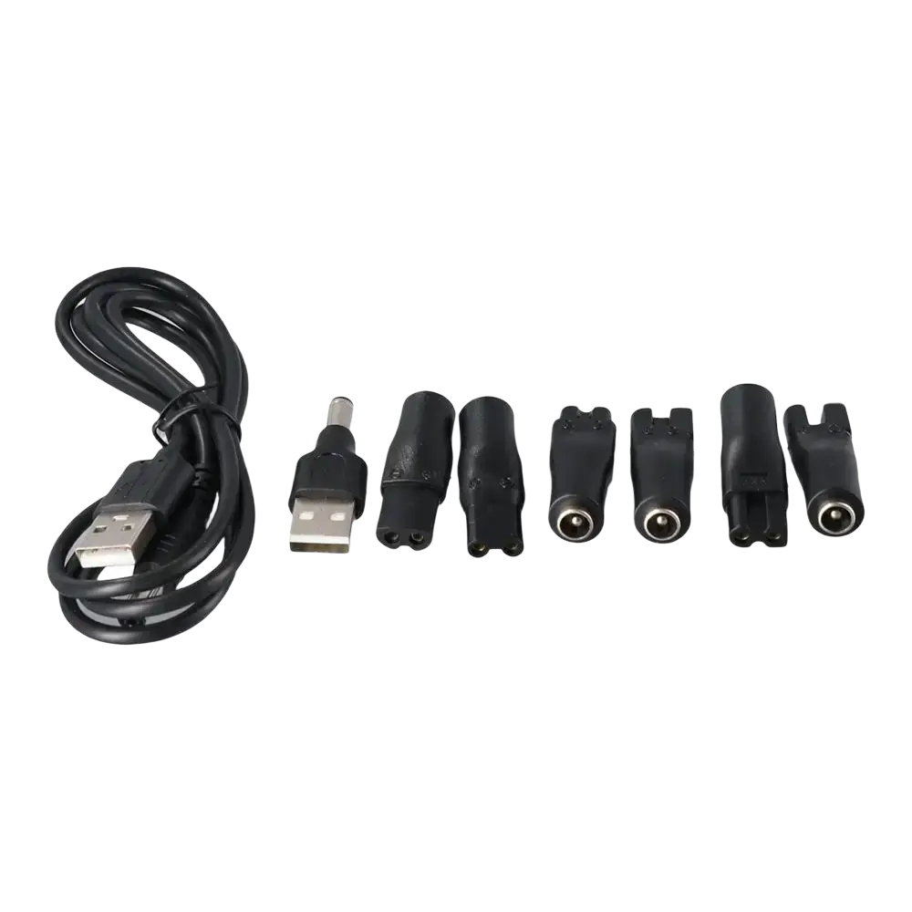 Black usb charging cable with assorted plastic adapters for electric shaver usb charging cable and adapter set