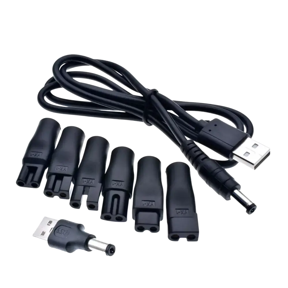 Black usb-to-dc power adapter cable with multiple interchangeable barrel connectors for electric shaver charging