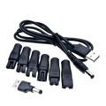 Black usb-to-dc power adapter cable with multiple interchangeable barrel connectors for electric shaver charging
