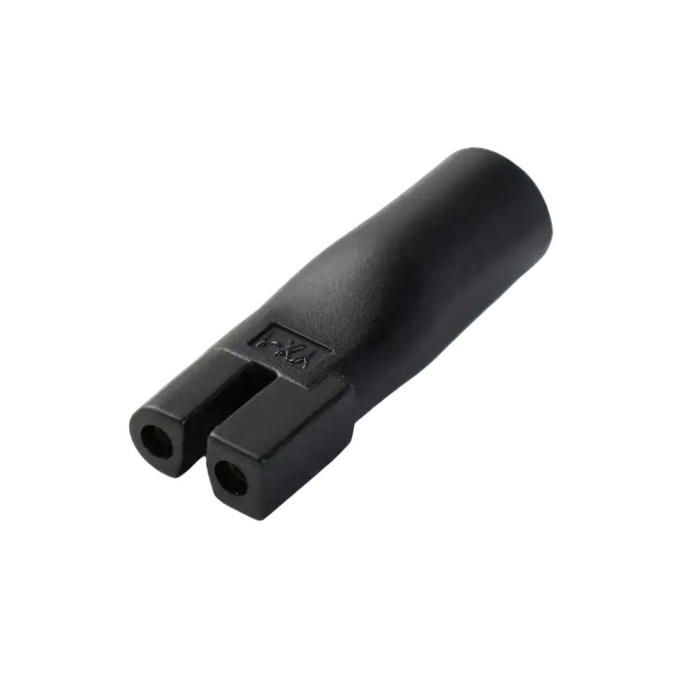Black plastic dual-port connector with matte finish and rectangular cutouts for electric shaver usb charging cable adapter set