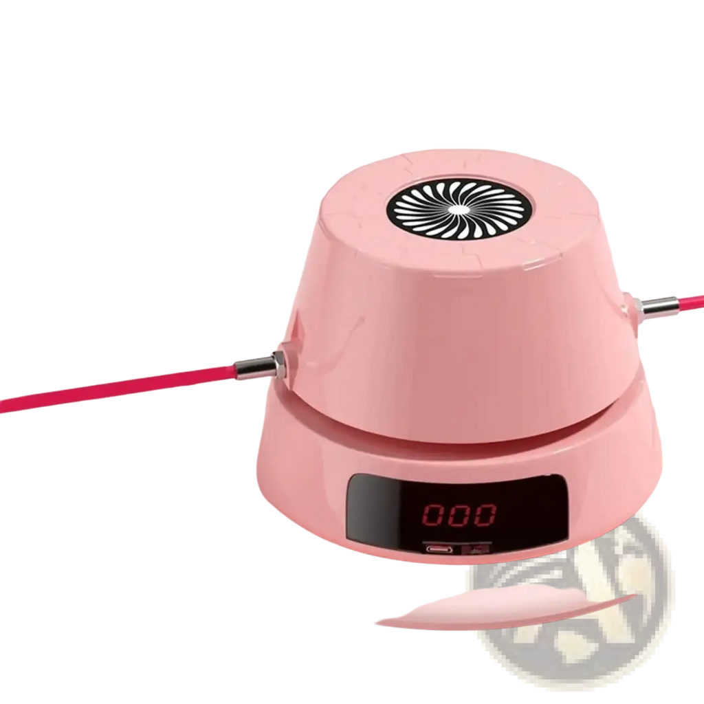 Pink plastic electric skipping rope machine with automatic counter featuring black vent and digital display showing 0:00