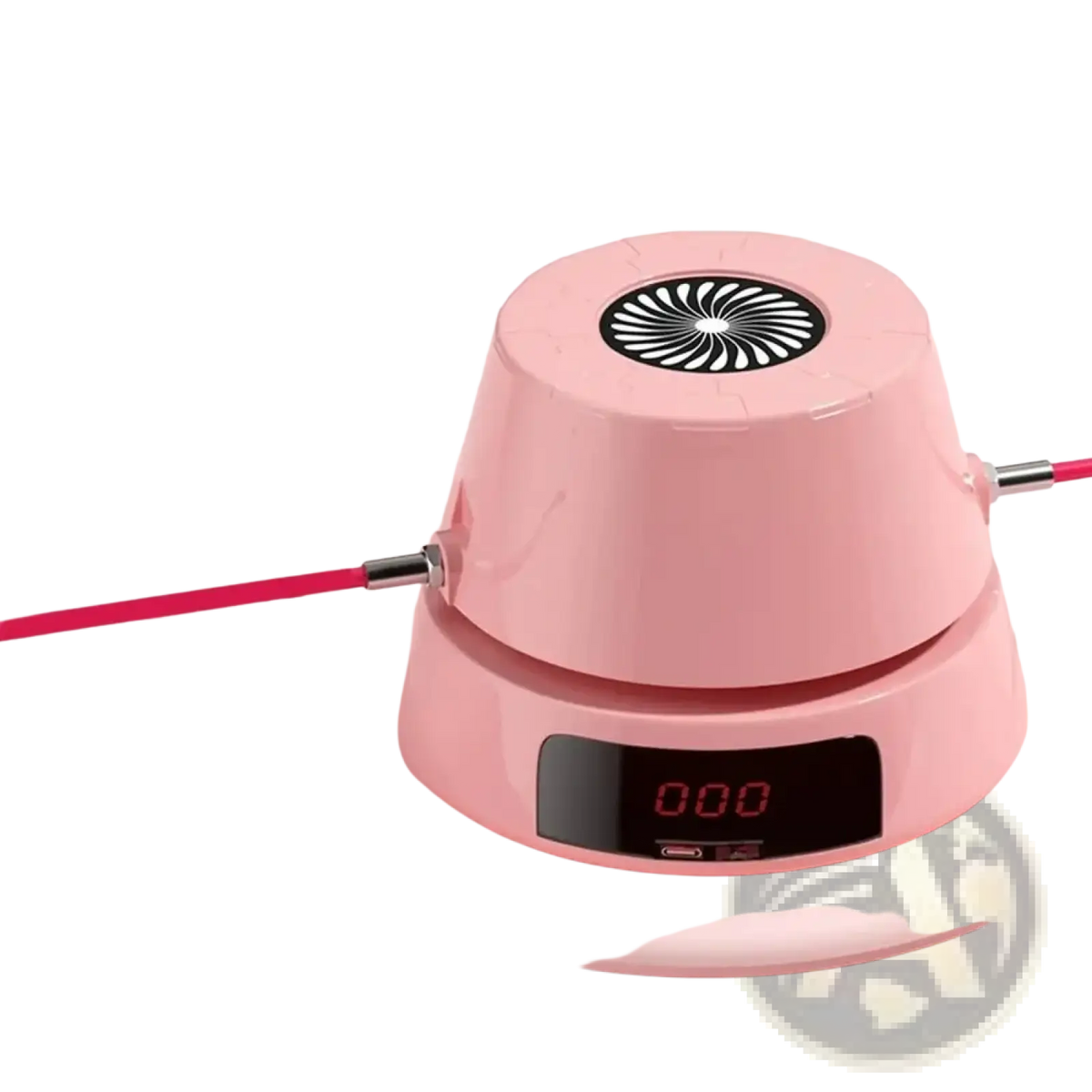 Pink plastic electric skipping rope machine with automatic counter featuring black vent and digital display showing 0:00