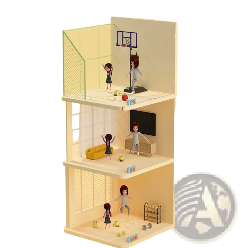 A three-story miniature dollhouse with white walls featuring a basketball court top floor and living gym areas below