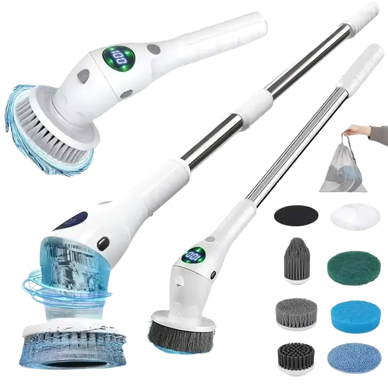 Electric spin scrubber with white brush head, telescopic chrome handle, digital display, and multiple interchangeable heads