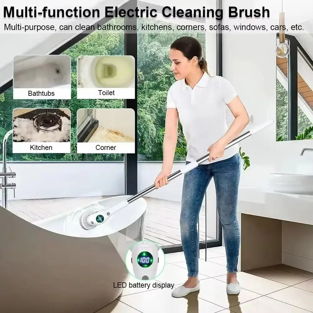 White electric spin scrubber with brush head and long handle for multi-purpose cleaning in bathrooms kitchens and cars