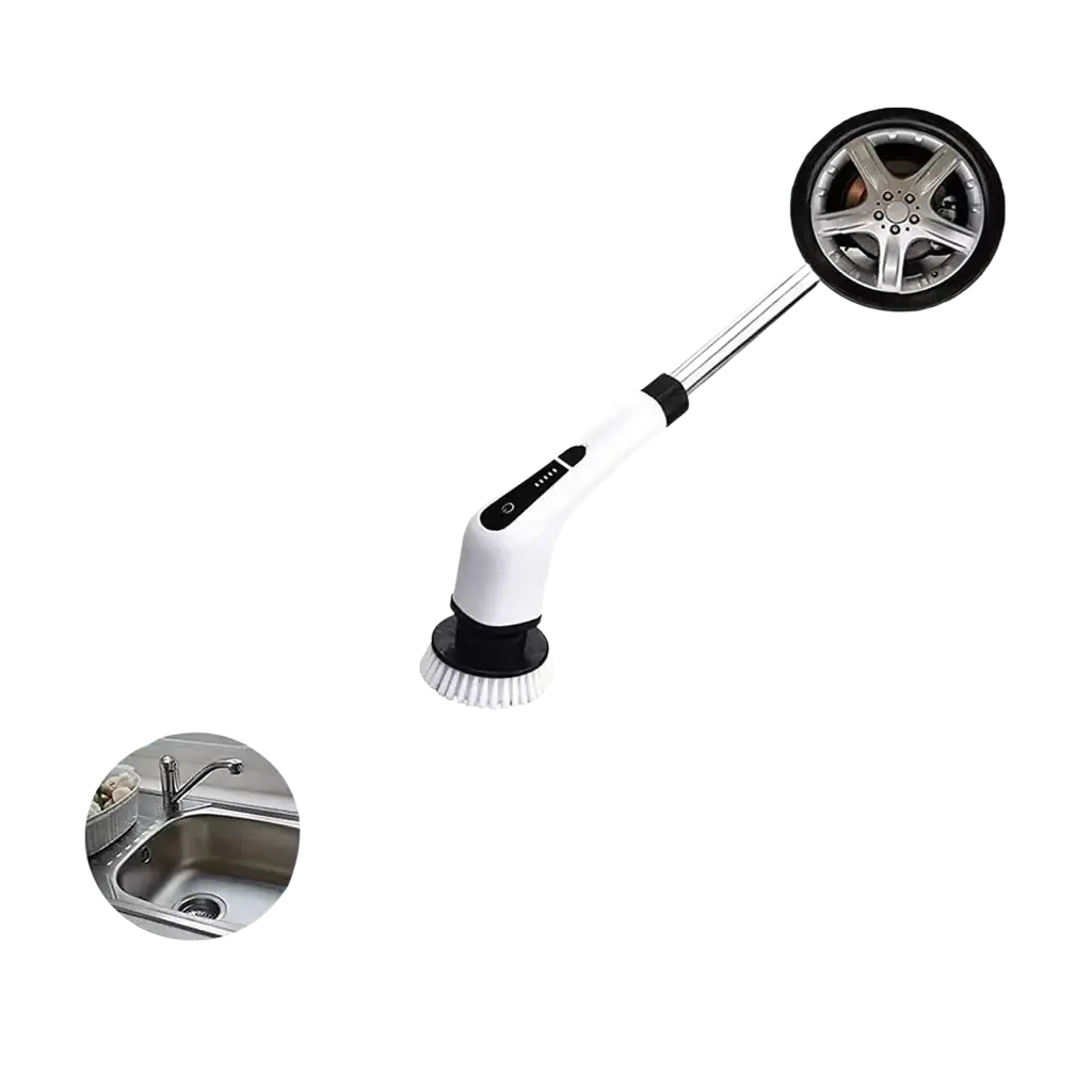 Electric spin scrubber with brush head and long handle in white and black for multi-surface cleaning tasks