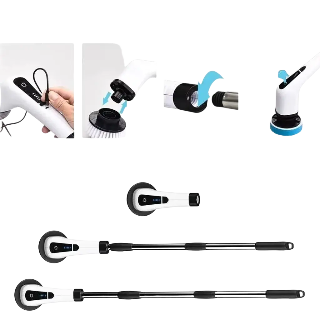White and black electric spin scrubber with brush head and extendable handle for efficient cleaning tasks