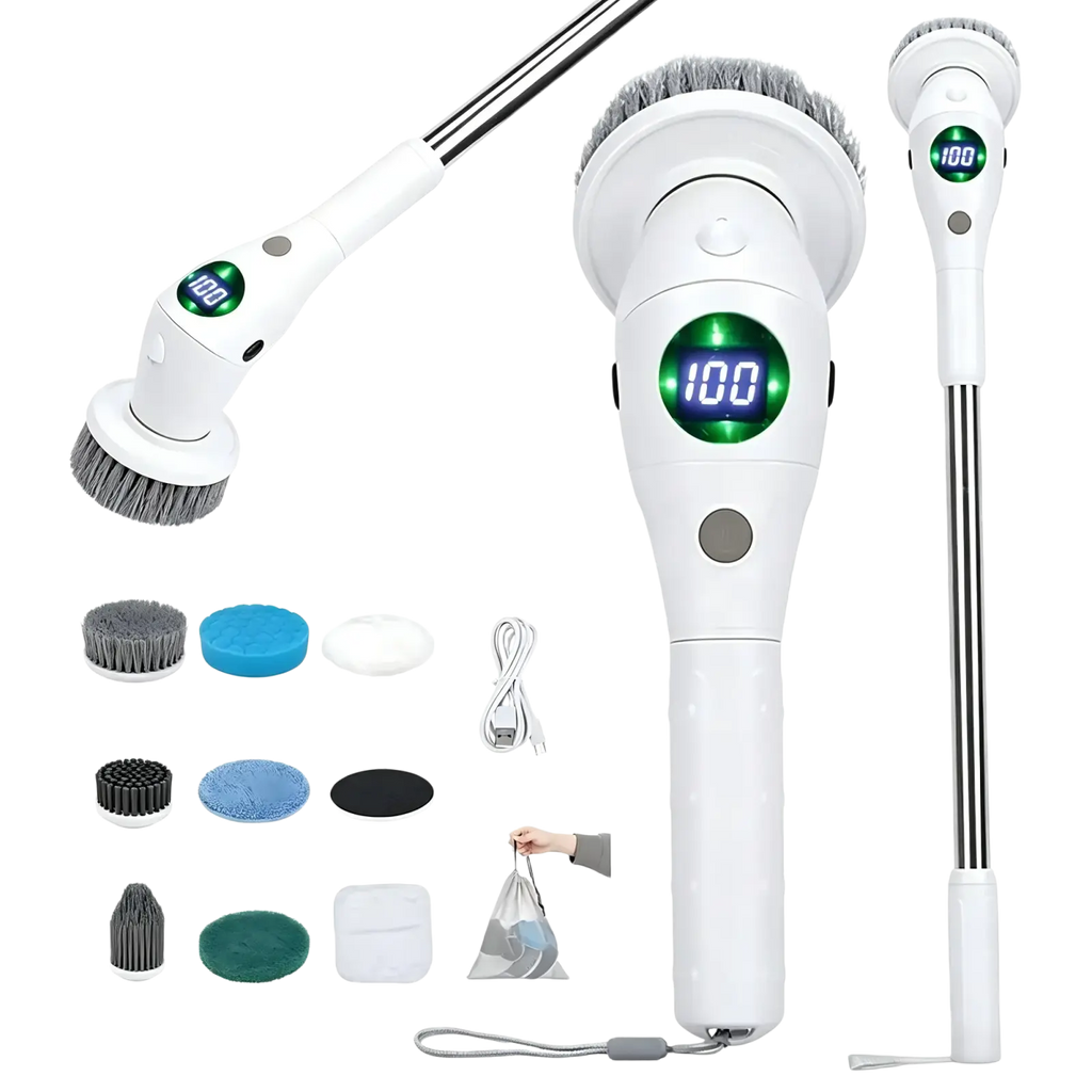 White electric spin scrubber with brush head, digital display, and extendable handle for versatile cleaning