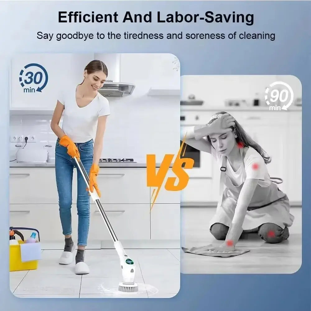 White electric spin scrubber with a long handle and brush head for efficient floor cleaning tasks