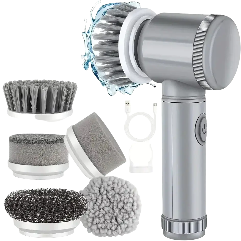 Silver electric spin scrubber cleaning brush with multiple interchangeable attachments for versatile cleaning tasks