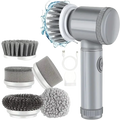 Silver electric spin scrubber cleaning brush with multiple interchangeable attachments for versatile cleaning tasks