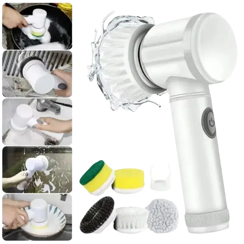 White electric spin scrubber cleaning brush with interchangeable scrubbing heads for efficient dishwashing tasks