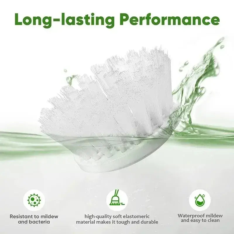 Electric spin scrubber cleaning brush with a white bristle head and a curved handle made of soft elastomeric material