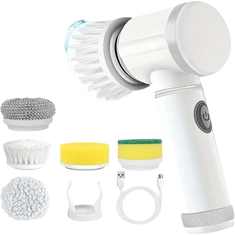 White electric spin scrubber cleaning brush with interchangeable heads and usb charging cable for facial cleansing