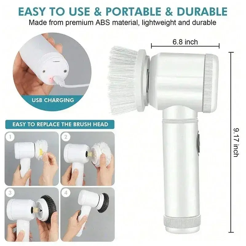 White electric spin scrubber cleaning brush made from premium ABS with interchangeable bristle heads for versatile cleaning