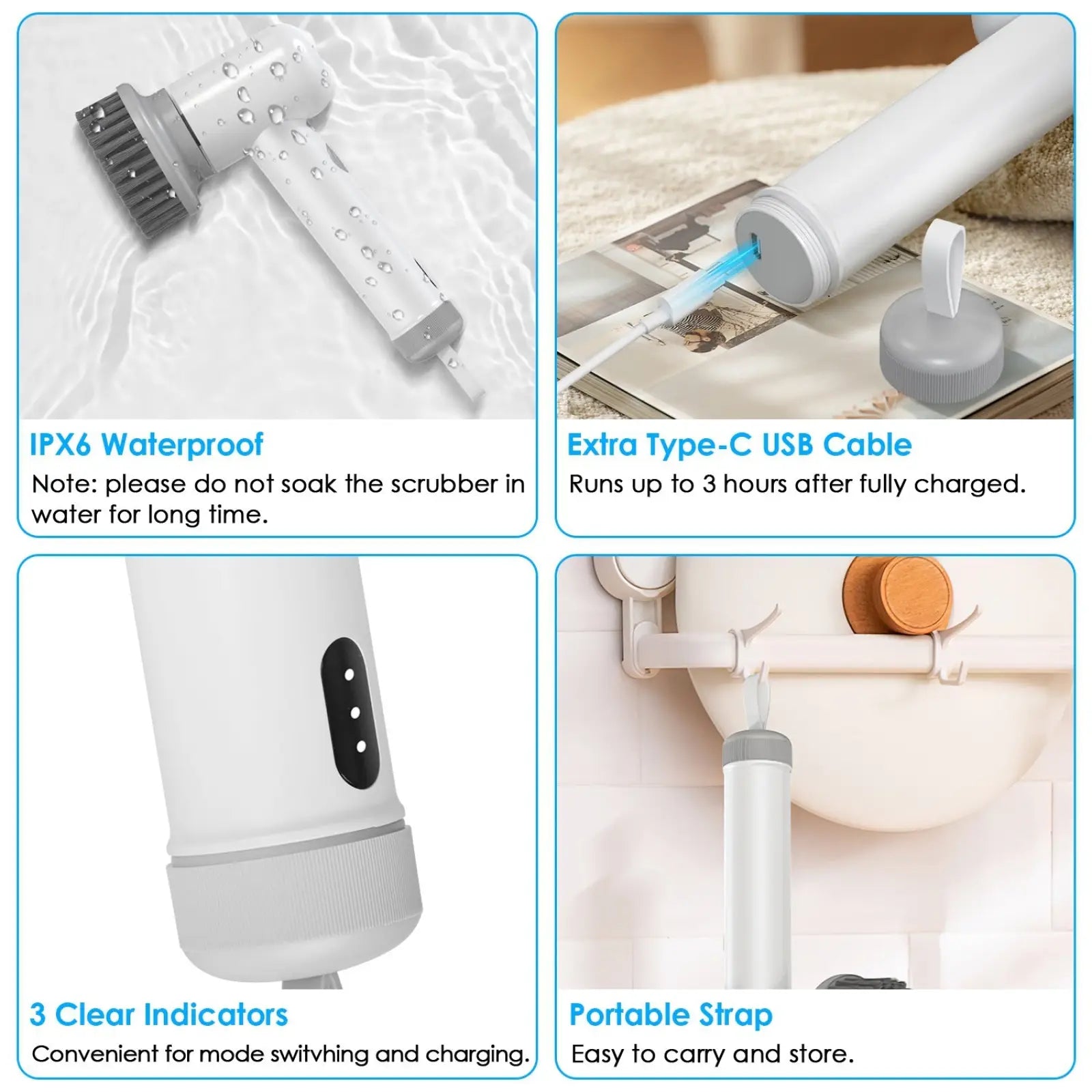 White handheld electric spin scrubber with gray brush head cordless water-resistant design and four interchangeable heads