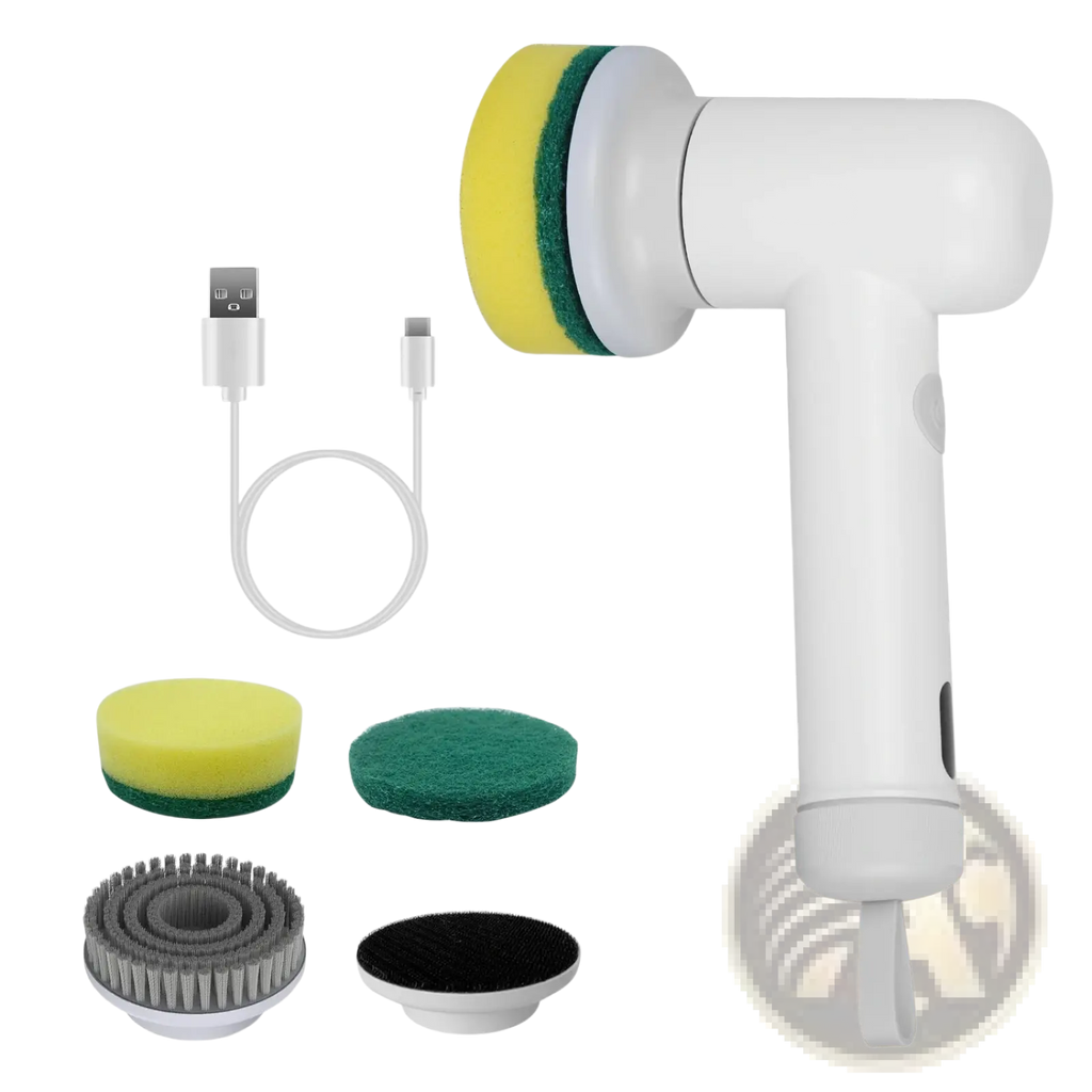 White electric spin scrubber cordless cleaning brush with yellow and green sponge attachment for dishwashing tasks
