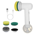 White electric spin scrubber cordless cleaning brush with yellow and green sponge attachment for dishwashing tasks
