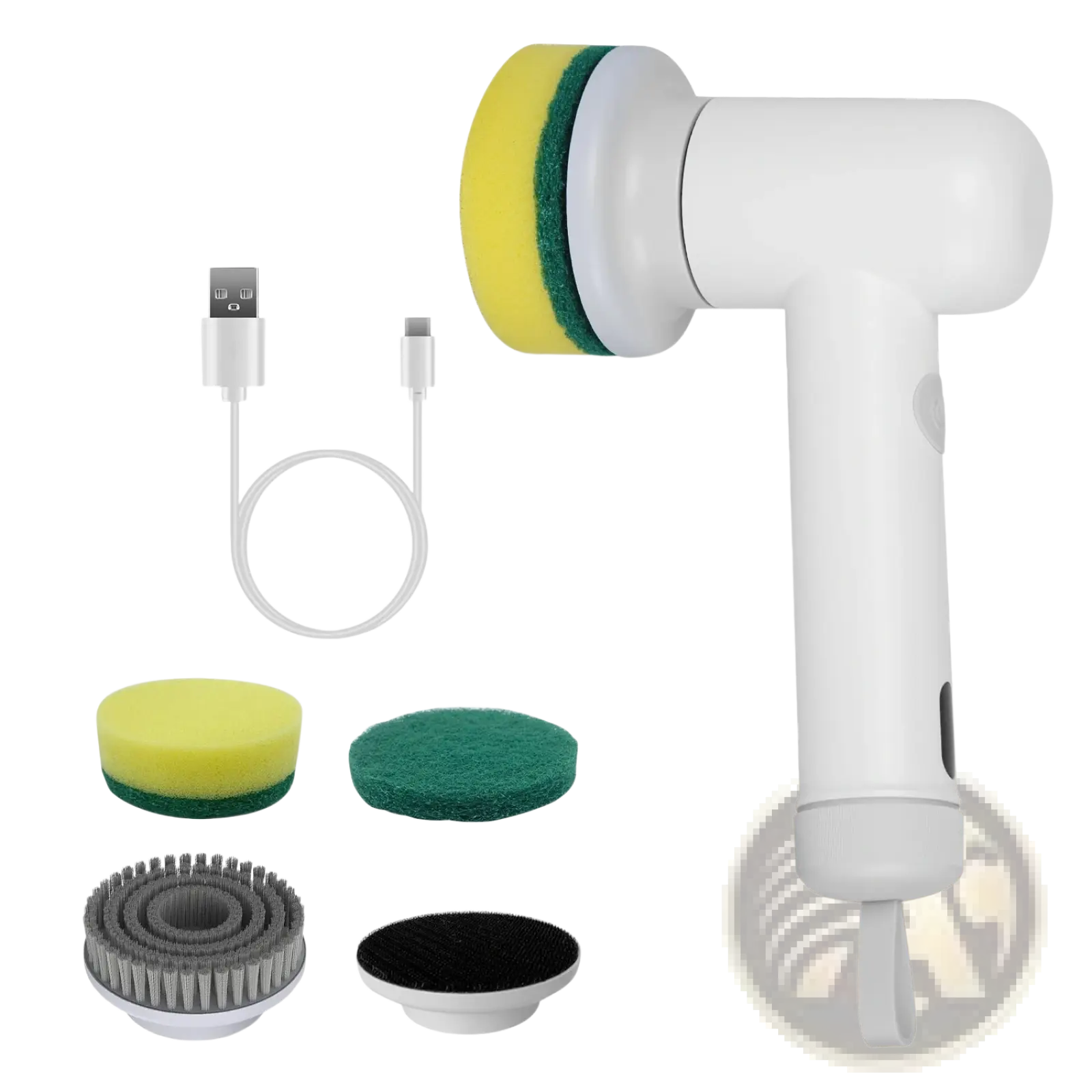 White electric spin scrubber cordless cleaning brush with yellow and green sponge attachment for dishwashing tasks