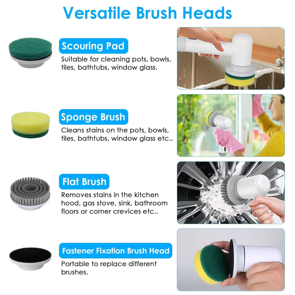 Electric spin scrubber cordless cleaning brush with 4 heads including green and yellow sponge pads and gray bristle brushes