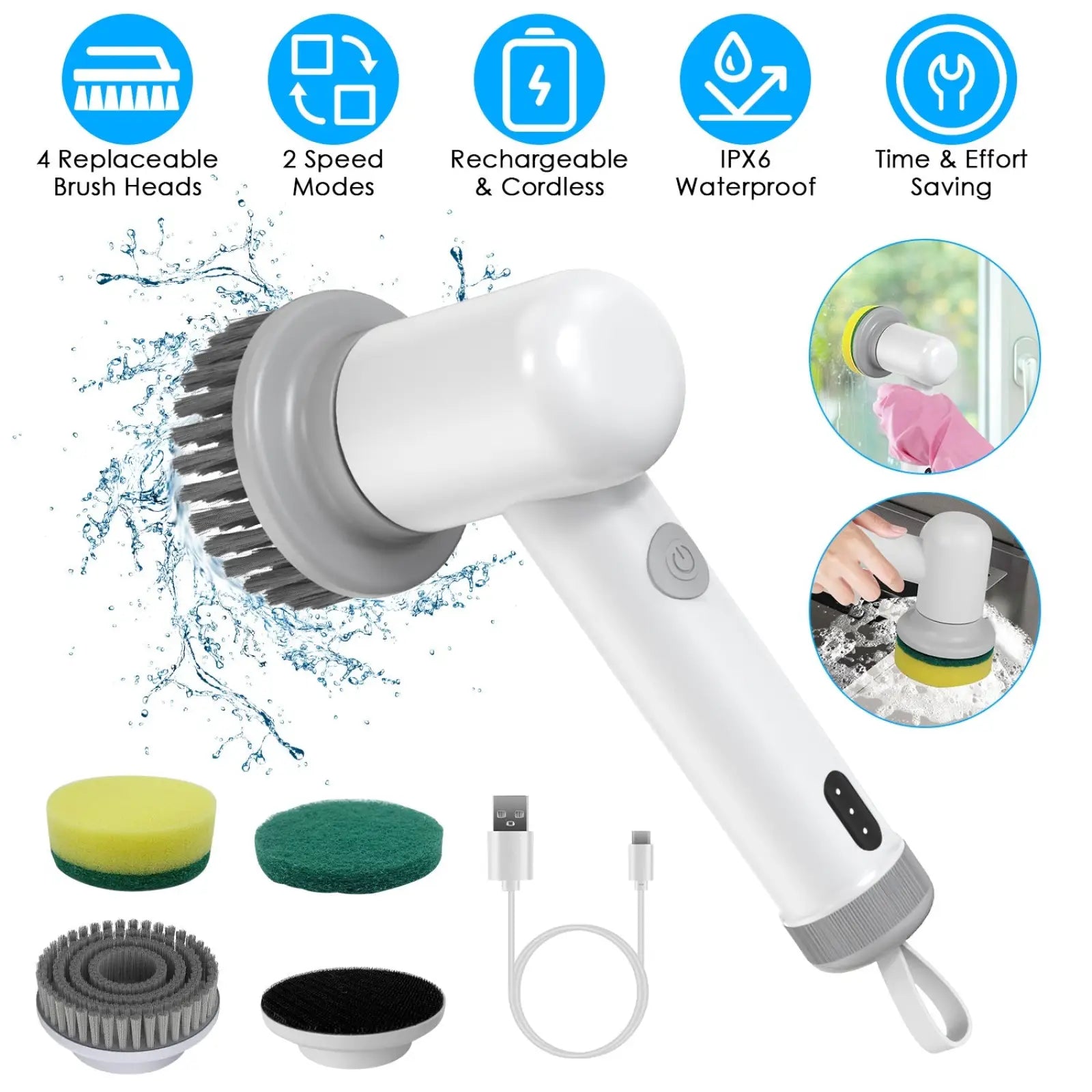 White and gray rechargeable cordless electric spin scrubber with four replaceable brush heads for versatile cleaning