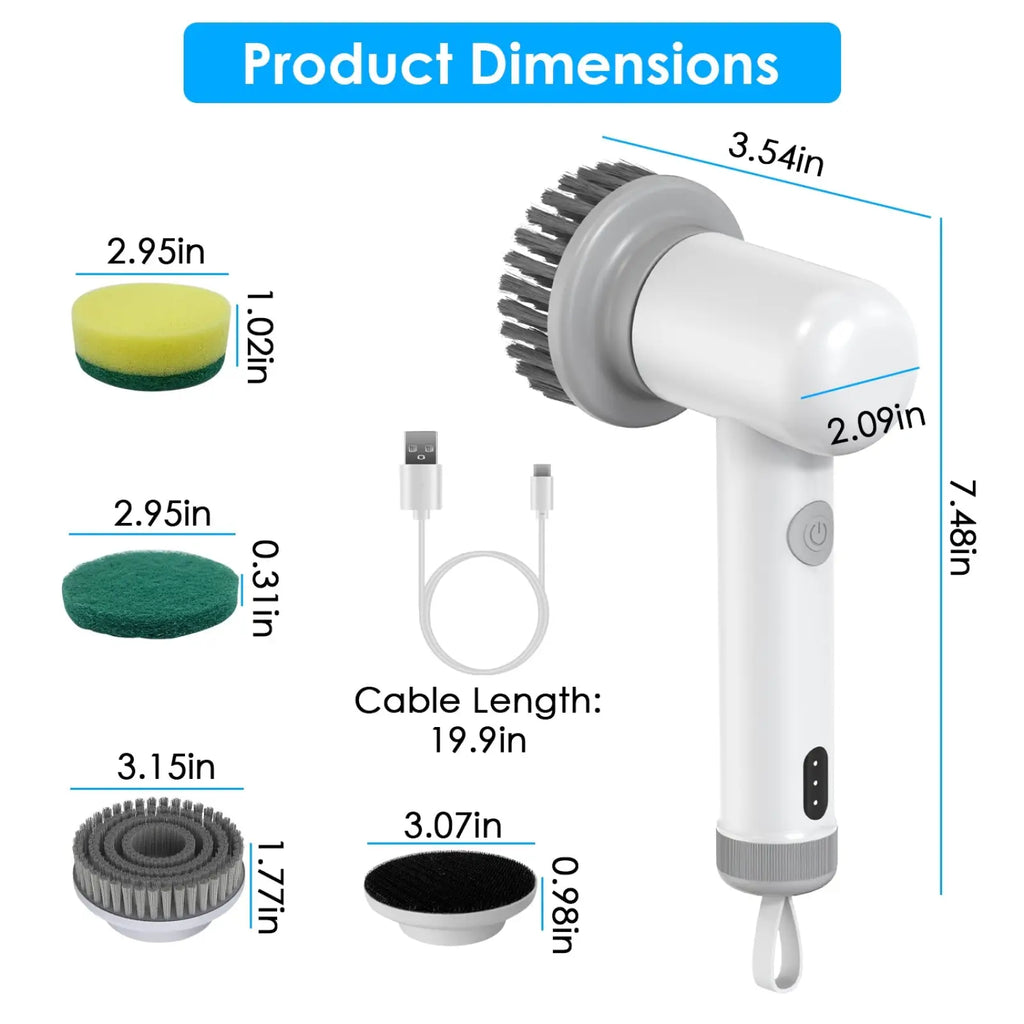 Electric spin scrubber cordless cleaning brush in white and gray with textured handle and 4 interchangeable scrub heads