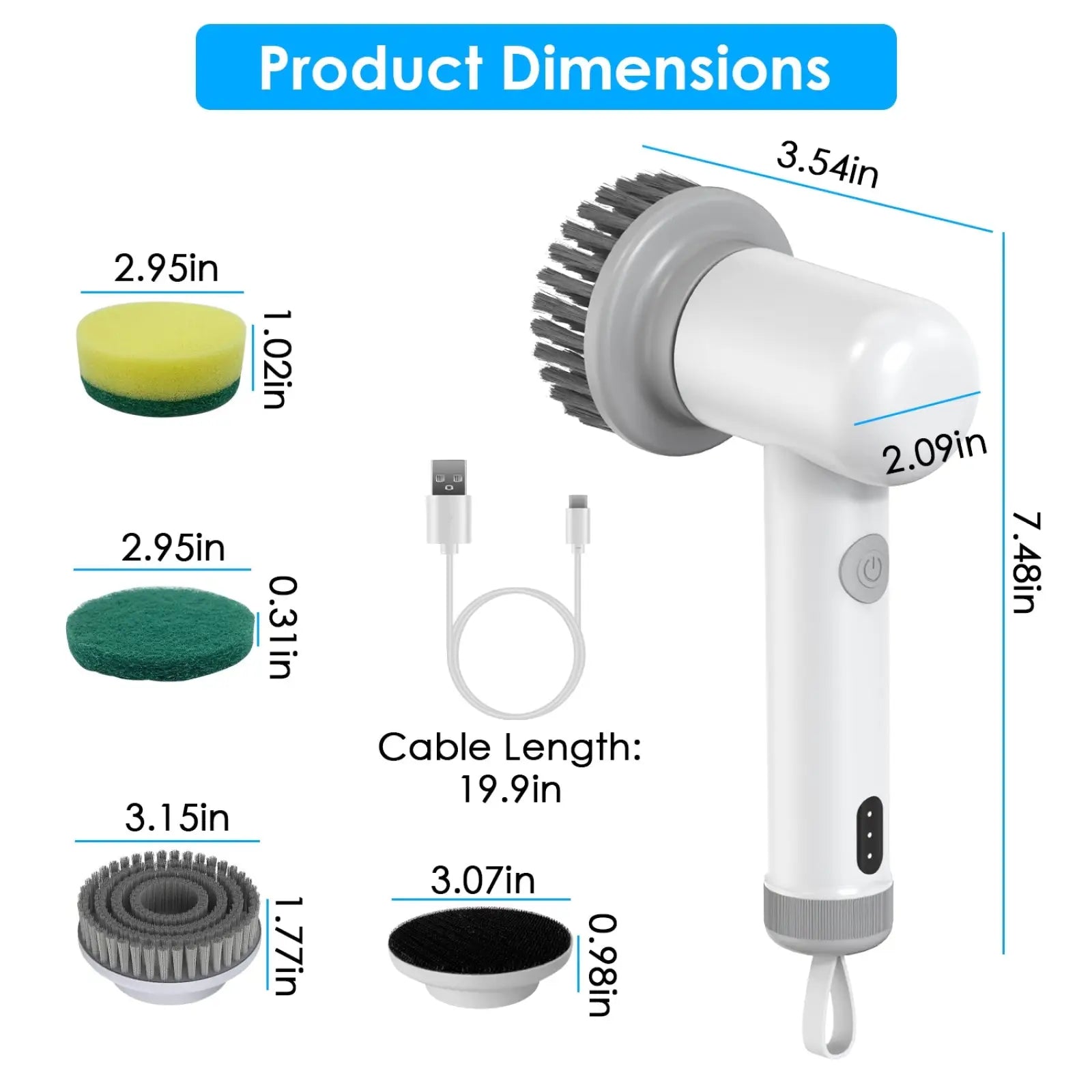 Electric spin scrubber cordless cleaning brush in white and gray with textured handle and 4 interchangeable scrub heads