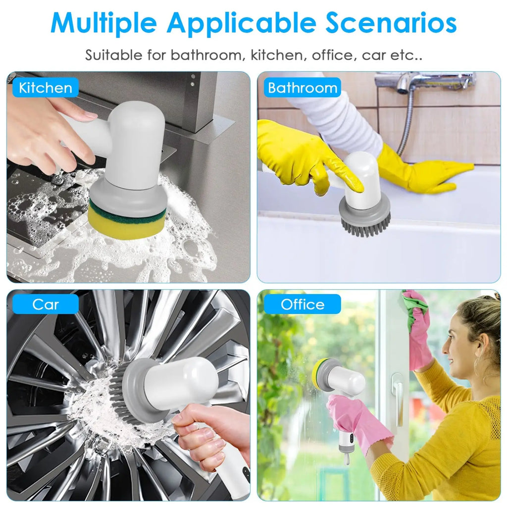 White and gray electric spin scrubber cordless cleaning brush with rotating head for multi-surface cleaning