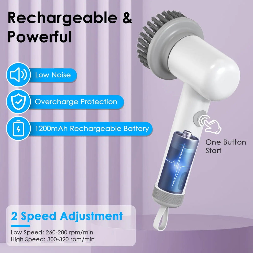 White and gray rechargeable electric spin scrubber cordless body brush with soft bristles and one-button start design