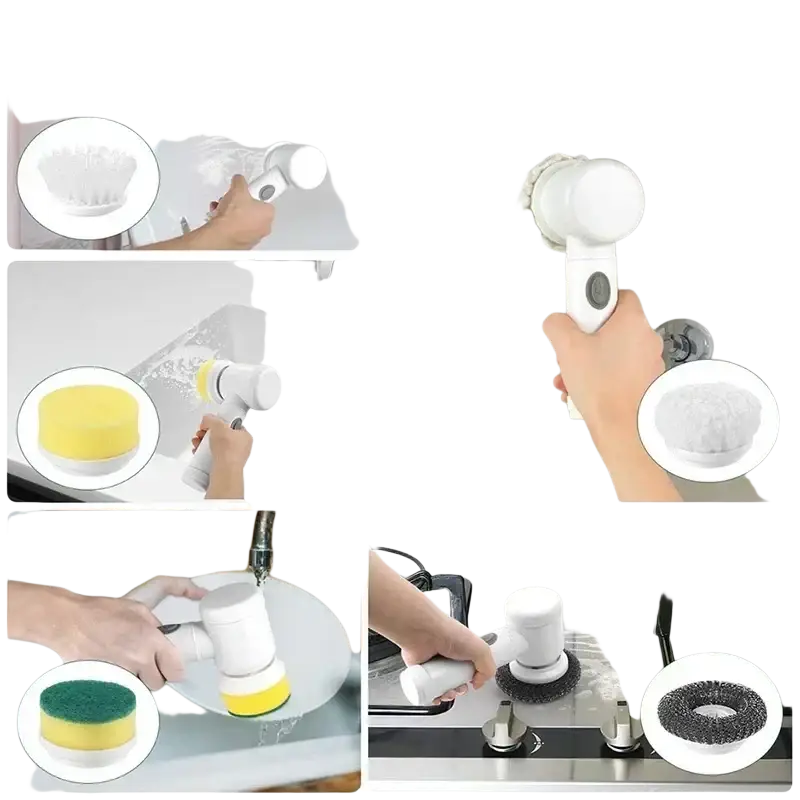 White electric spin scrubber cordless cleaning brush with 5 interchangeable heads for various surfaces