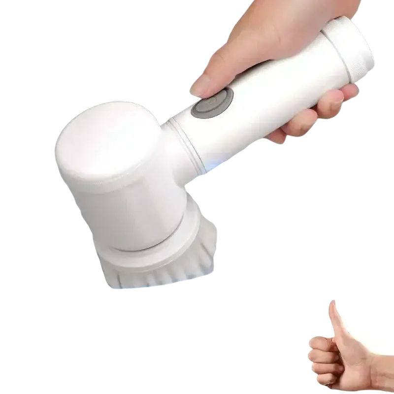 White electric spin scrubber with ergonomic handle and soft bristles for deep cleaning and cordless use with 5 heads